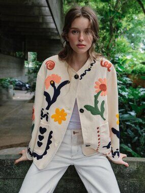 Zara 100% COTTON EMBROIDERED FLORAL JACKET